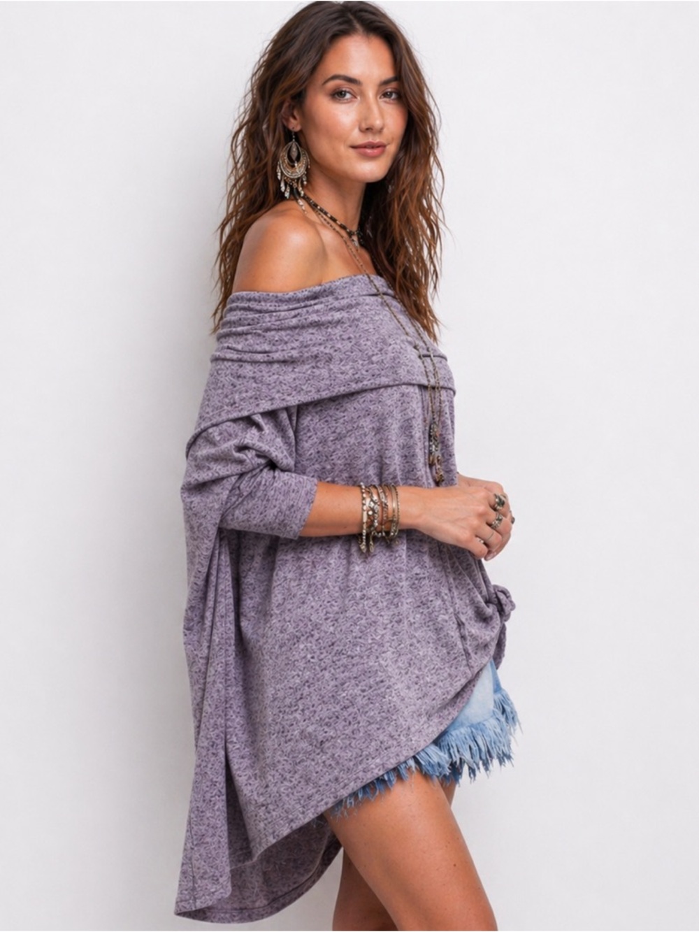 Easel Women's Off-Shoulder Purple Lightweight Oversized Top In Size Small - Picture 2 of 4
